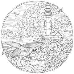 A whale in the ocean near the lighthouse.Coloring book antistress for children and adults. 