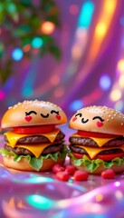 Obraz premium Two Adorable Kawaii Burgers on Pink Plate with Festive Lights