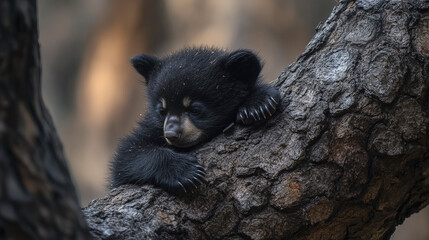 Adorable black bear cub resting on tree branch, showcasing its playful nature