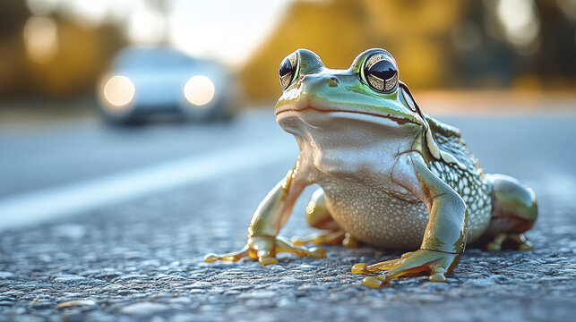 Curious frog on road with approaching car, evoking sense of urgency