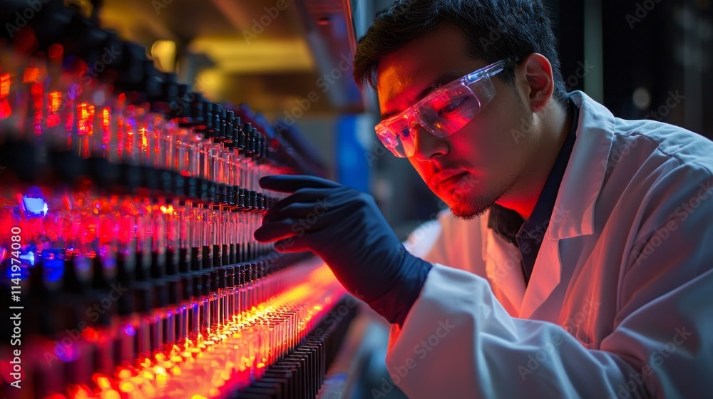 Poster A man in a lab coat is looking at a computer monitor with a red glow
