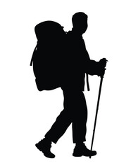 A man hiking with a walking stick and backpack silhouette illustration