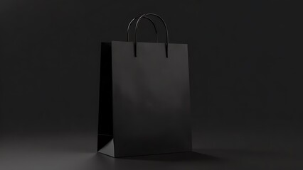 black shopping bag. Black bag on black mockup. Paper bag with handles 