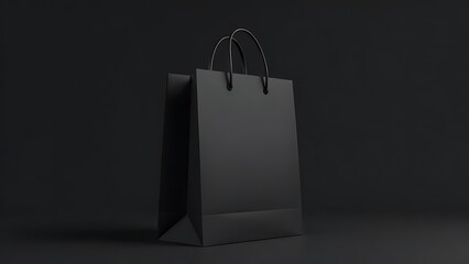 black shopping bag. Black bag on black mockup. Paper bag with handles 