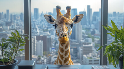 Obraz premium Cheerful giraffe in modern city office with stunning skyline view
