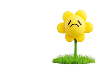 A sad, cartoon-style yellow flower with a frowning face and green stem, sitting on a patch of grass.