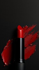 Bold red lipstick with vibrant color smear on dark textured background, close-up beauty concept illustration
