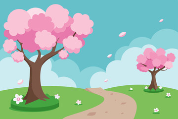 Peaceful Cherry Blossom Garden with Falling Pink Flowers in Spring 