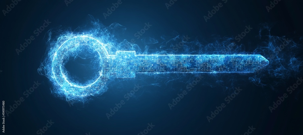 Poster glowing key, symbol of digital access and opportunities, with binary code and data streams on blue