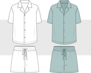 Short Sleeve Pajamas Suit, Nightwear Suit, Sleepwear Suit, men, Unisex oversize Fashion Illustration, Vector, Technical Drawing, Mockup. 