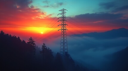 Obraz premium Electric Sunset: Power lines silhouette against a vibrant sunset over misty mountains. A captivating image of nature and industry coexisting. 