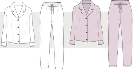 Long Sleeve Pajamas Suit, Nightwear Suit, Sleepwear Suit women, Unisex oversize Fashion Illustration, Vector, Technical Drawing, Mockup. 