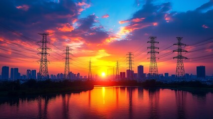 Fototapeta premium Sunset Power Lines: Silhouettes of power lines against a breathtaking sunset sky, reflecting on a tranquil lake, symbolizing energy, progress, and the interconnectedness of nature and technology. 