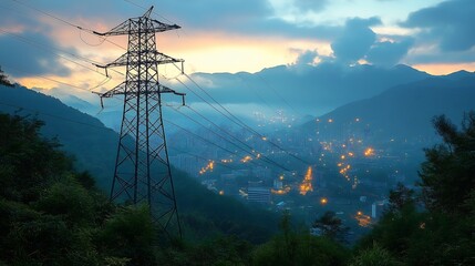 Power Lines at Dusk: A majestic power transmission tower stands tall against the backdrop of a serene mountain landscape, illuminated by the soft glow of a distant city.