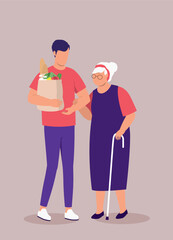 Adult Son Helping His Elderly Mother With The Groceries.
