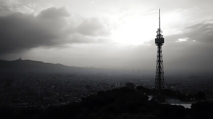 Obraz premium Barcelona's Tibidabo Tower: A Dramatic Monochrome View on a Cloudy Day. AI Generated