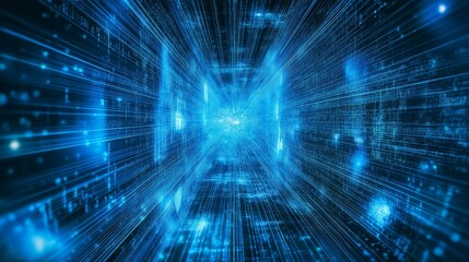 Fototapeta premium Abstract blue digital field with neon data flows and algorithmic patterns