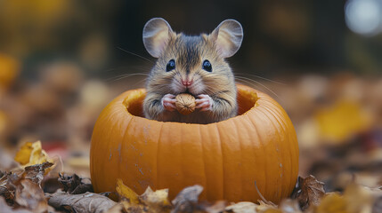 cute mouse is sitting inside pumpkin, enjoying nut treat
