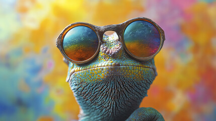 Chameleon wearing sunglasses against colorful background, vibrant and fun