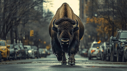 bison walks down city street, surrounded by parked cars and trees