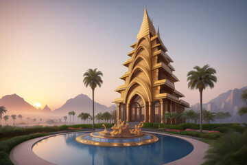 Fototapeta premium Ancient architecture meets modern tranquility in this European park, where a majestic fountain cascades beneath the shade of palm trees and the watchful gaze of a towering cathedral