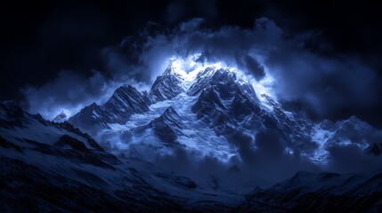 Nightfall Majesty: A breathtaking view of a snow-capped mountain peak dramatically lit by moonlight, shrouded in mystical clouds. The scene evokes a sense of awe, wonder.