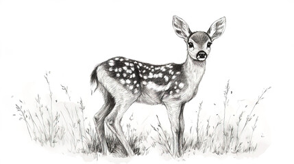 delicate black ink sketch of little deer standing in grass