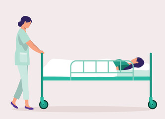 Side View Of Female Nurse Pushing A Patient With Hospital Bed.