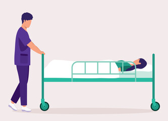 Side View Of Male Nurse Pushing A Patient With Hospital Bed.