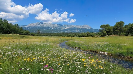 Serene meadow landscape with wildflowers blooming along a stream, mountains in the background under a vibrant blue sky.