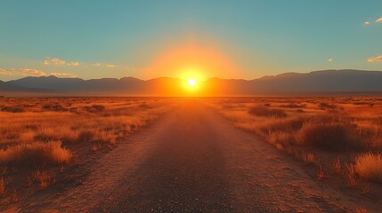 Naklejka premium Desert Sunset Road: A scenic road stretches towards a vibrant sunset over a vast desert landscape. The sun's fiery glow paints the sky and the land in warm, inviting hues.