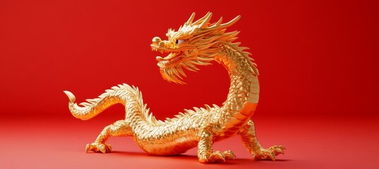Obraz premium Golden Crystal Dragon on Red Background, Lunar New Year 2024 Concept, with Copy Space