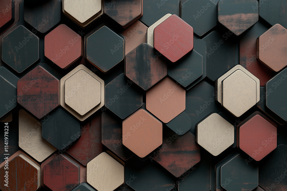 Poster A series of overlapping hexagonal shapes in muted earth tones