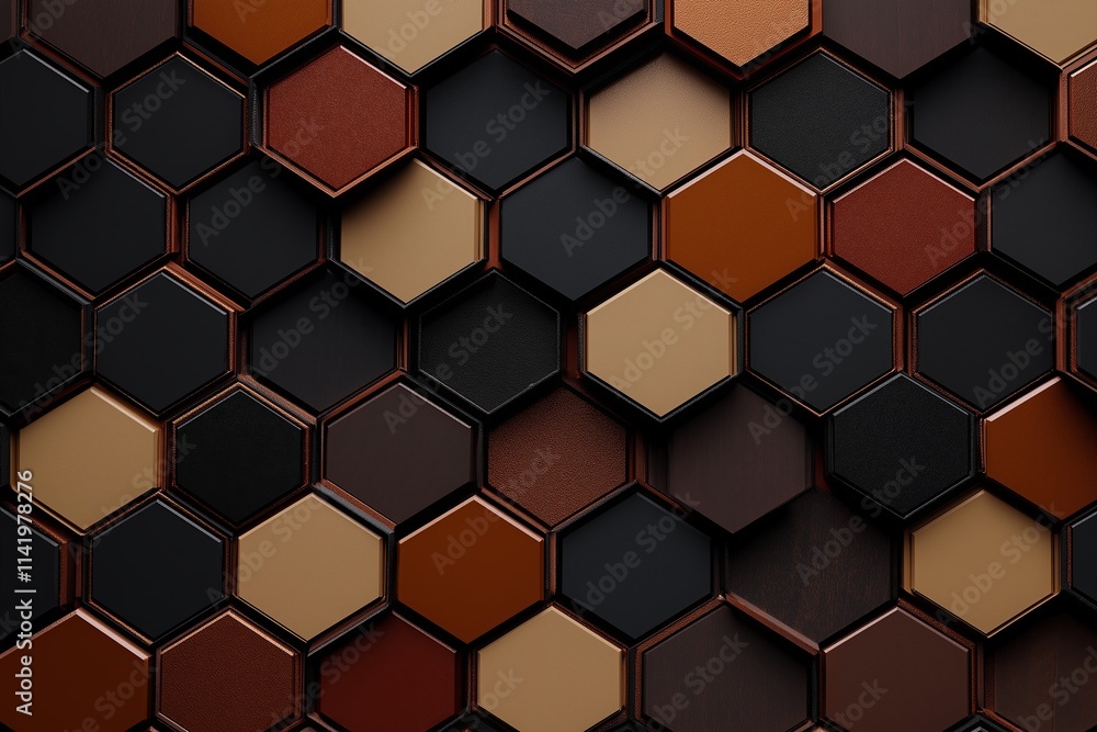 Poster A series of overlapping hexagonal shapes in muted earth tones