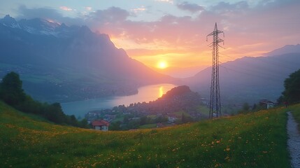 Obraz premium Golden Hour Serenity: A tranquil vista unfolds at sunset, showcasing a serene mountain lake nestled amidst rolling hills. The golden light bathes the landscape in a warm glow.