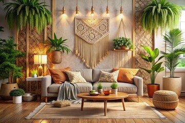Bohemian Scandinavian Living Room 3D Render Close-Up: Cozy Interior Design Wall Mockup