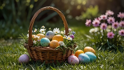 Easter basket with colorful eggs in a field of fresh green grass, wild flowers. Concept for easters selebration.	
