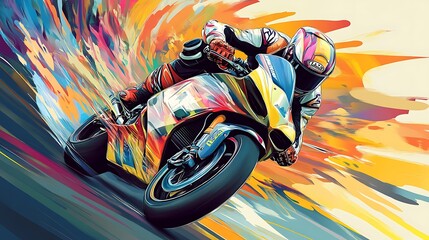 Fototapeta premium Motorcycle racing fast colorful digital painting abstract style.. AI Generated
