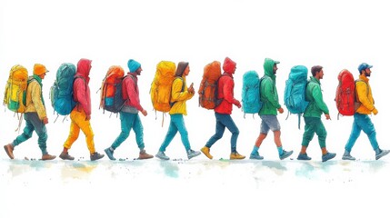 Fototapeta premium Colorful group of hikers walking in a line with backpacks, showcasing a vibrant outdoor adventure in a serene and energetic atmosphere surrounded by nature