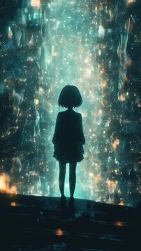 Anime girl standing on a ledge looking at a city at night
