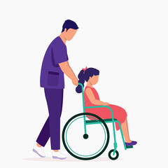 Side View Of Male Nurse Pushing A Disabled Little Girl In Wheelchair.