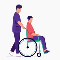 Side View Of A Male Nurse Pushing A Disabled Young Man In Wheelchair.