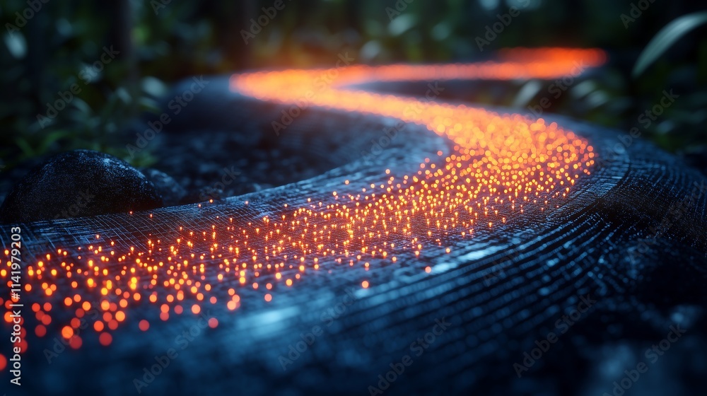Poster glowing path through the forest: a mesmerizing, glowing path snakes through a lush, verdant forest, 