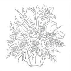 Fototapeta premium A beautiful bouquet of roses tulips and lilies in a vase