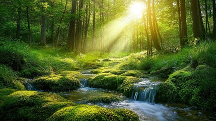 Fototapeta premium Sunbeams illuminate a tranquil forest stream flowing over moss-covered rocks.