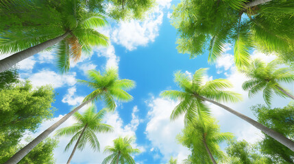 A stunning upward view of tall palm trees against a bright blue sky with fluffy white clouds. The image evokes tropical vibes and peaceful vacation scenery.