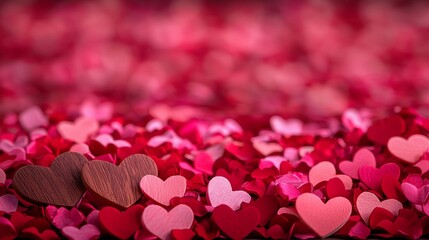 A vibrant collection of colorful heart-shaped decorations scattered across a red background, creating a romantic and festive atmosphere.