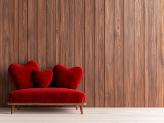 A cozy red heart-shaped sofa against a rustic wooden wall, creating a warm and inviting atmosphere perfect for romance or relaxation.
