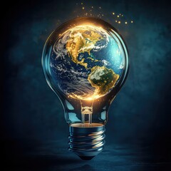 a combination of a burning light bulb and a globe, black background