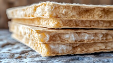 Home insulation is vital for energy efficiency, featuring layered materials that trap air. This image showcases textured insulation panels stacked for easy installation.